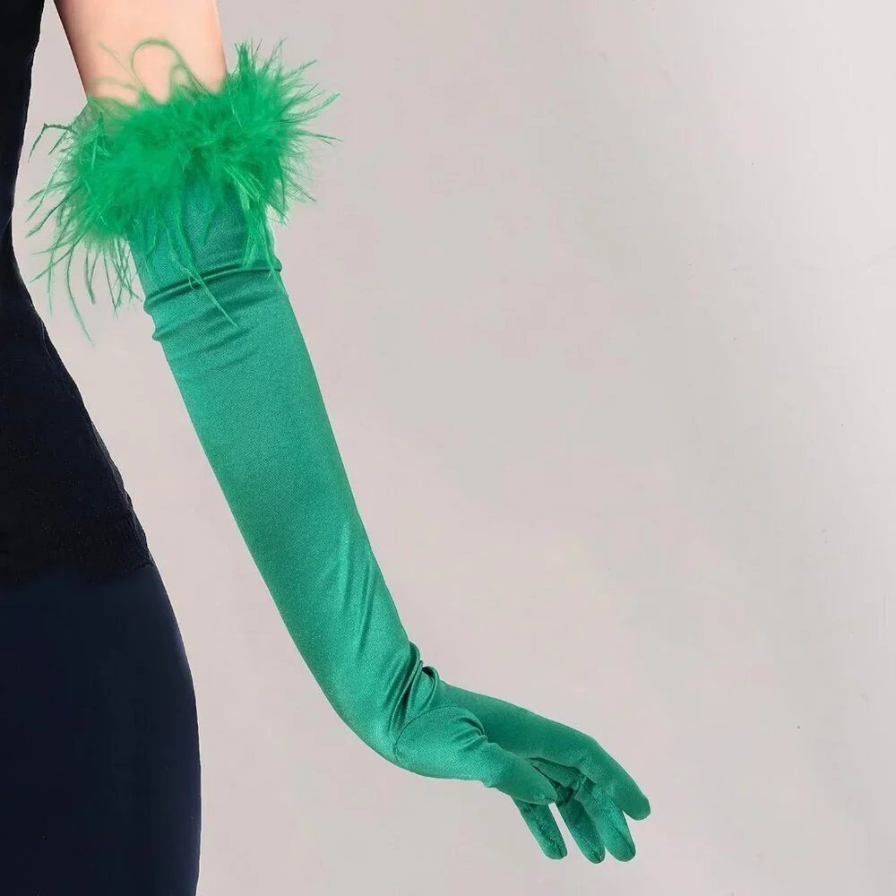 Women's Evening Green Feather Long Satin Gloves Stretchy Elbow Halloween Costume